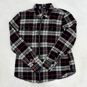 Chaps‎ Denim Boys Size M Flannel Full Zip Shacket Black White Plaid Long Sleeve